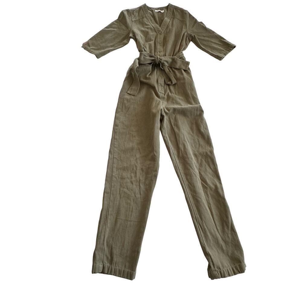 Mod Ref Jumpsuit Short Sleeve Olive Green Tie Waist Snap Front Size S